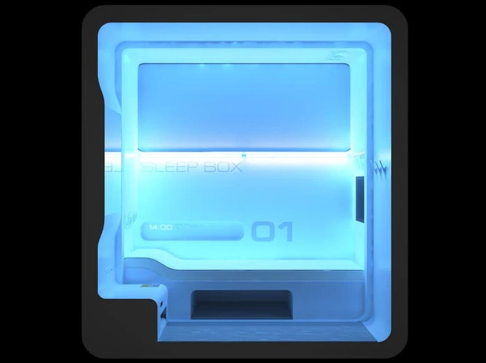 The Sleepbox airport version at night