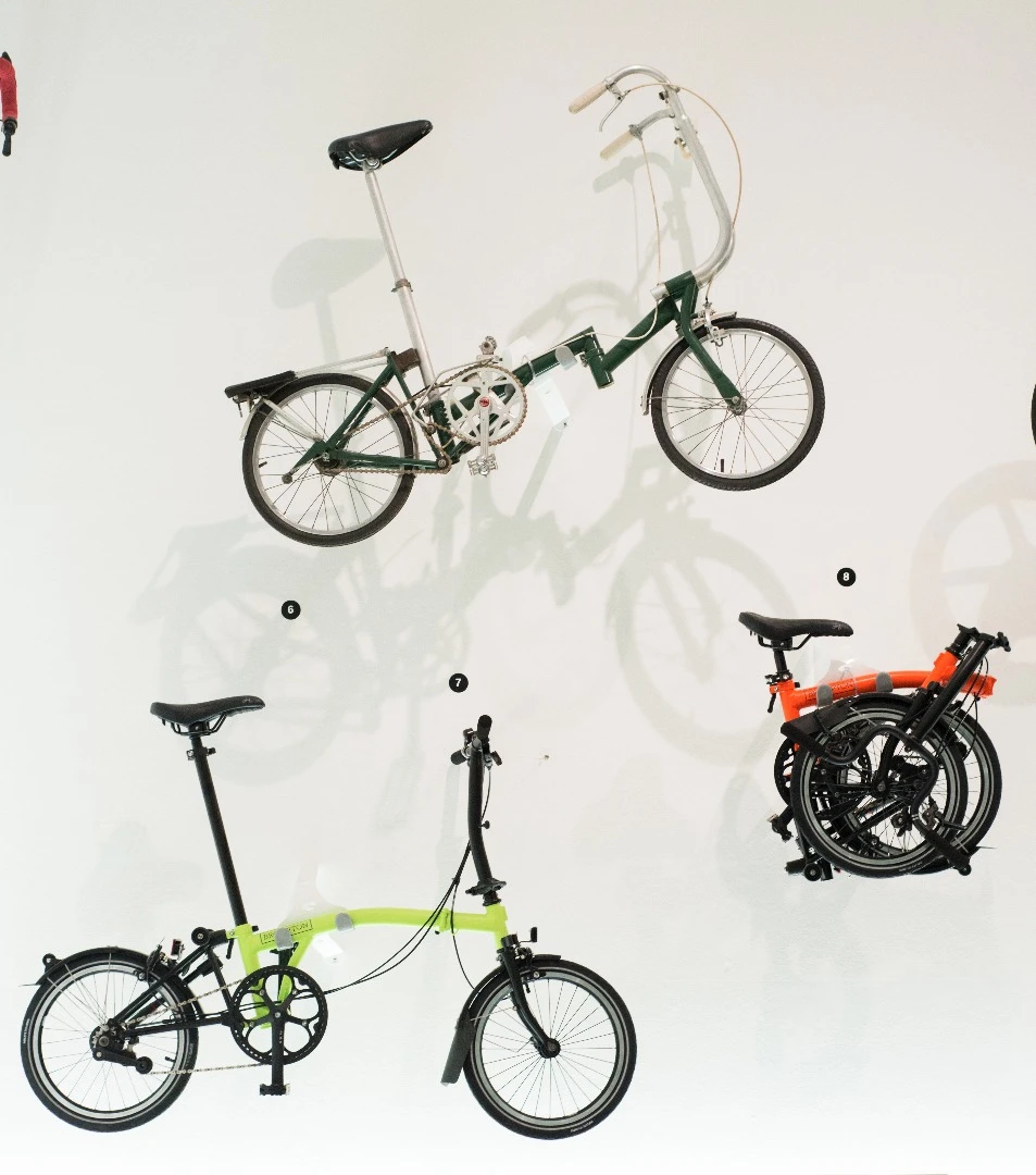 The prototype Brompton folding bike along with some newer models