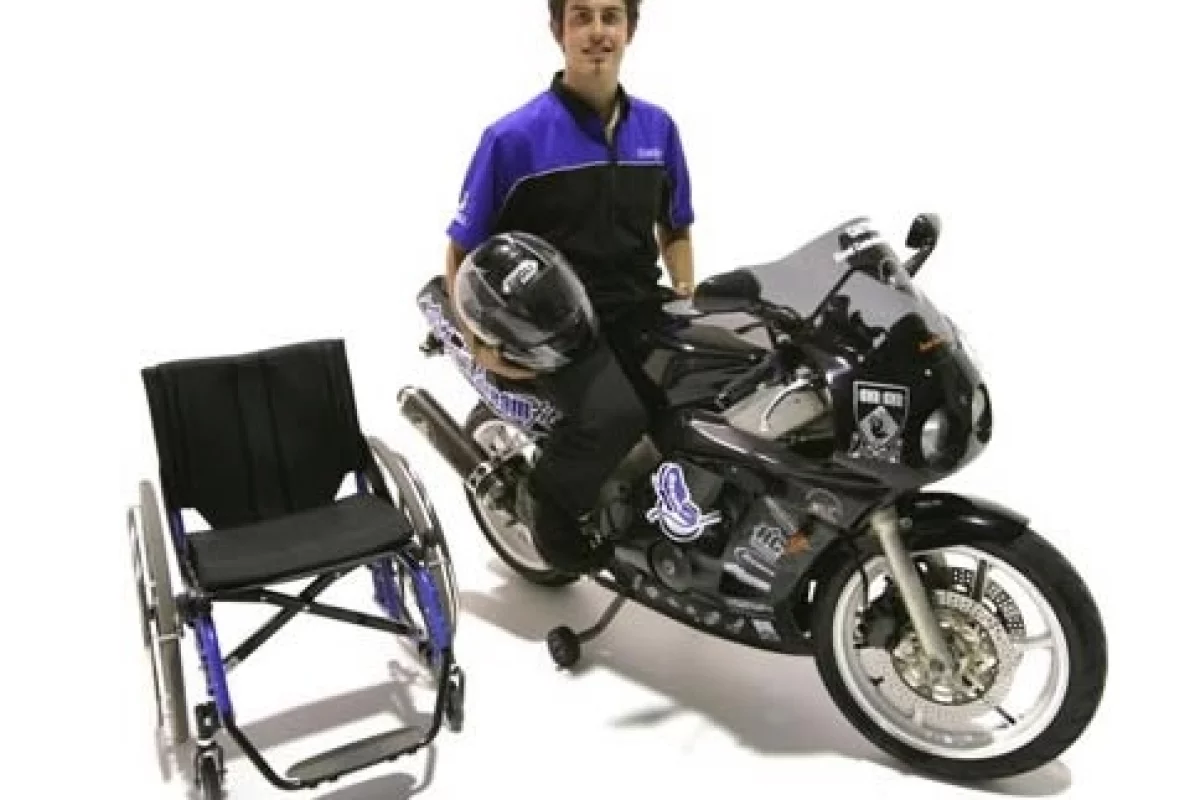 Darren Lomman aboard his prototype Dreamfit motorcycle for paraplegics.