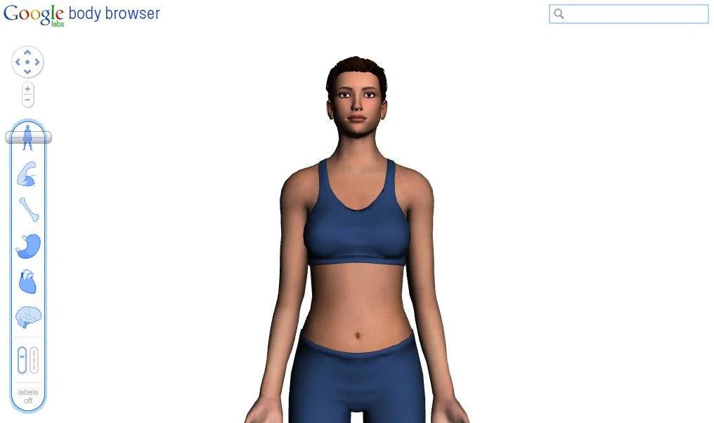 The Body Browser's start screen offers a 3D model waiting for some skin peeling and muscle slicing action