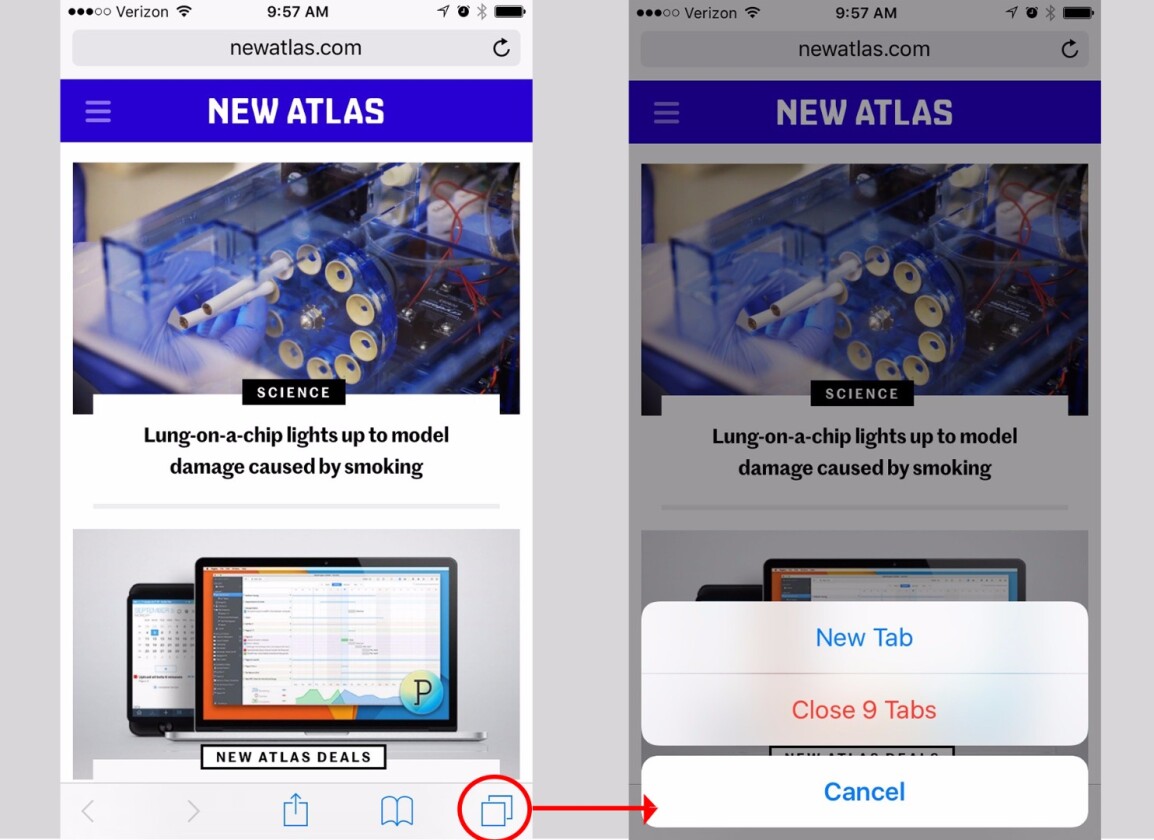 Press & hold the Tabs icon to close all Safari tabs at once