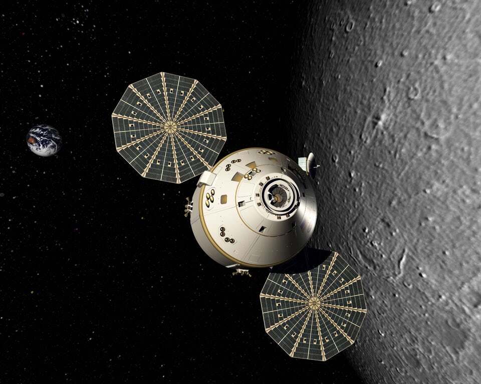 Early artist's rendering of the Orion crew capsule in lunar orbit