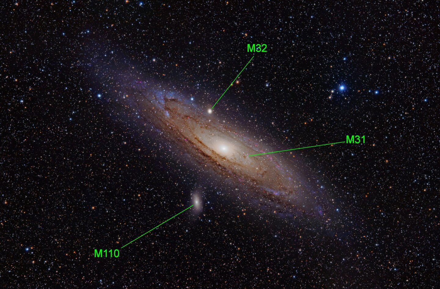 The Andromeda galaxy, M31, also showing the satellite galaxies M32 and M110 (Photo: Adam Evans)