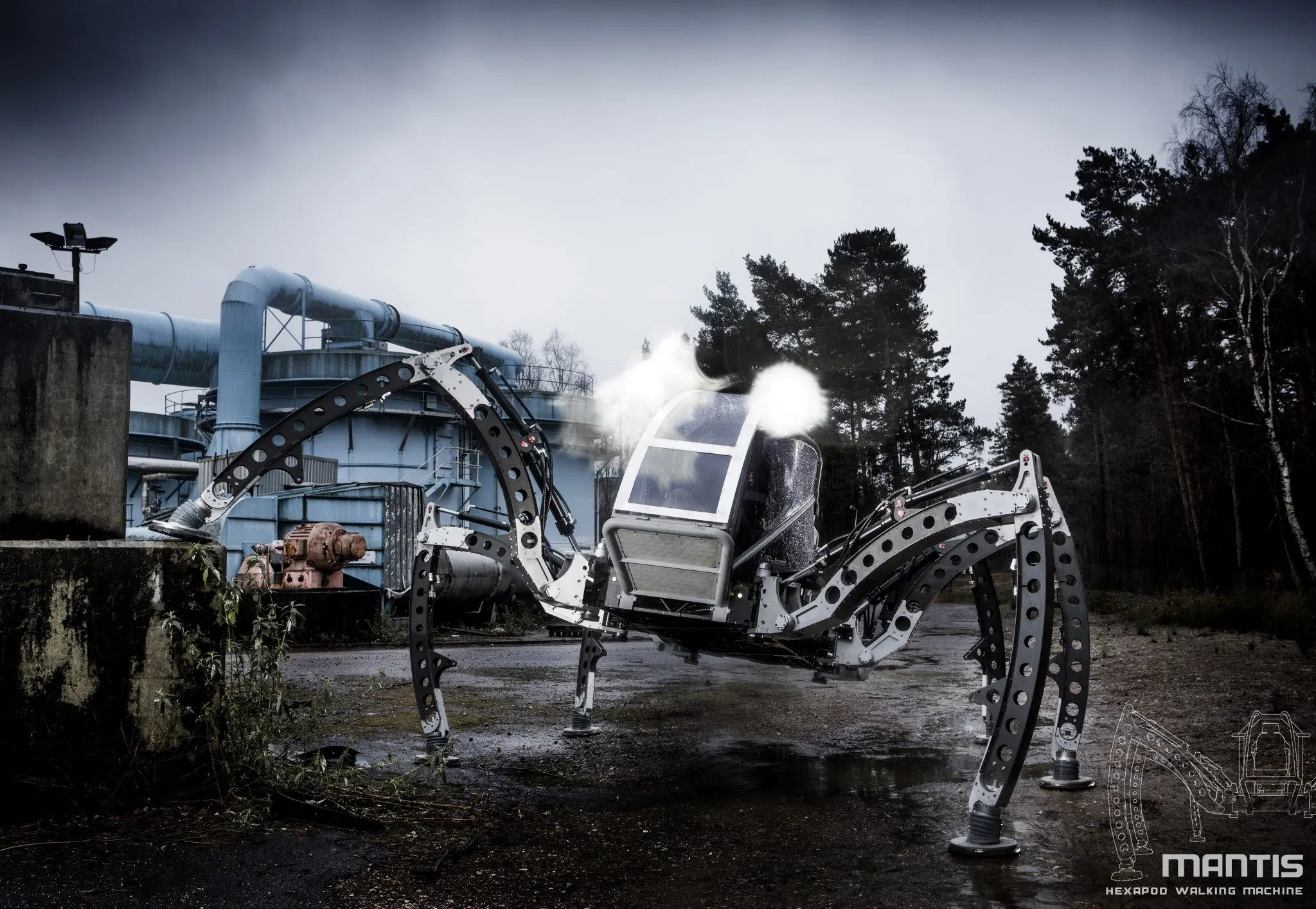 Mantis' six legs are powered by a turbo diesel engine and 18 hydraulic actuators