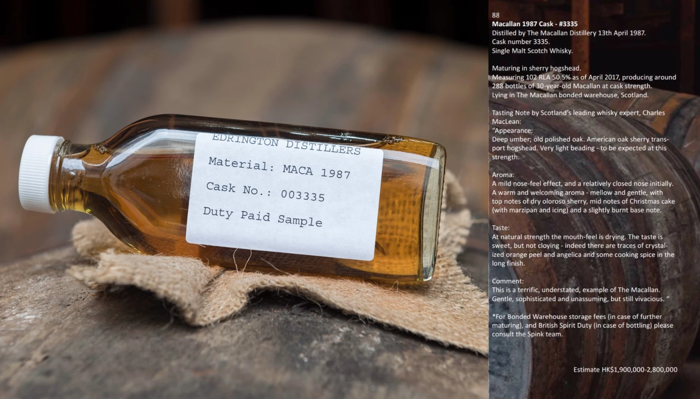 It should not be surprising that a cask of 1987 Macallan Single Malt Scotch Whisky fetched HK$2,928,00 ($375,064) at a Spinks auction in Hong Kong on October 4, setting a new record for a whisky cask at auction and raising the previous record of $251,864 by a staggering 50 percent. A sample of the whisky is at left, and tasting notes at right