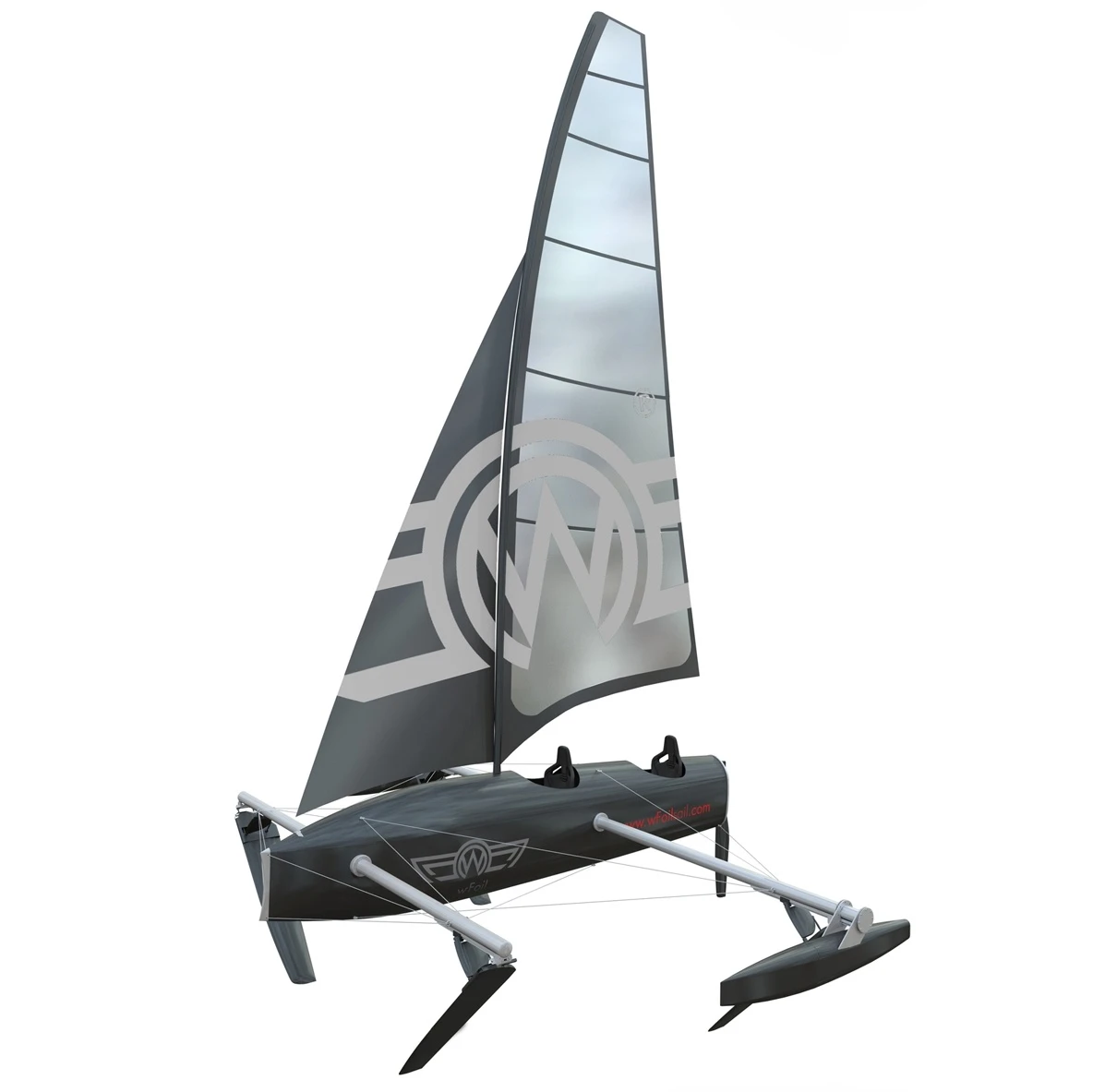 The prototype wFoil 18 Albatross with motor removed and sail fitted