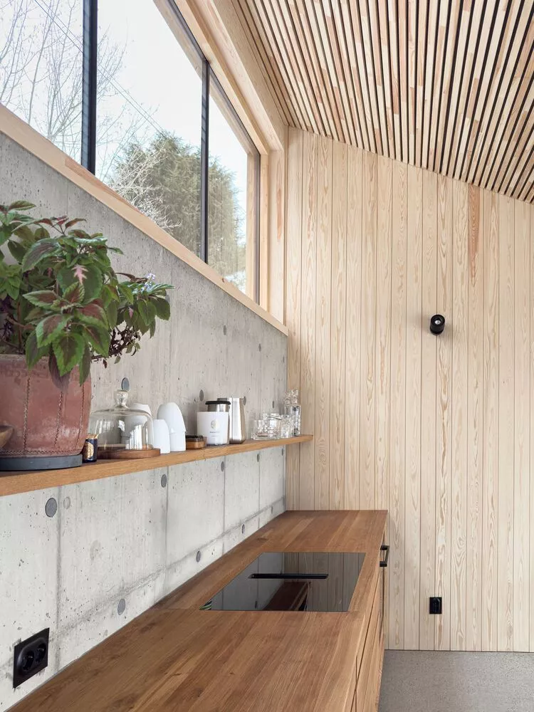 A striking balance between cool concrete and warm timber defines this modern kitchen space