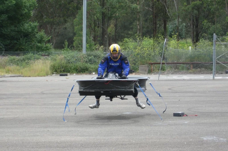 The Hoverbike prototype lifts off in a tethered flight test