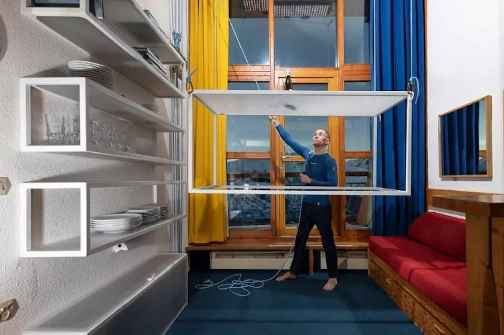 The "flying table" can be raised using pulleys between meals, and lowered for dinner