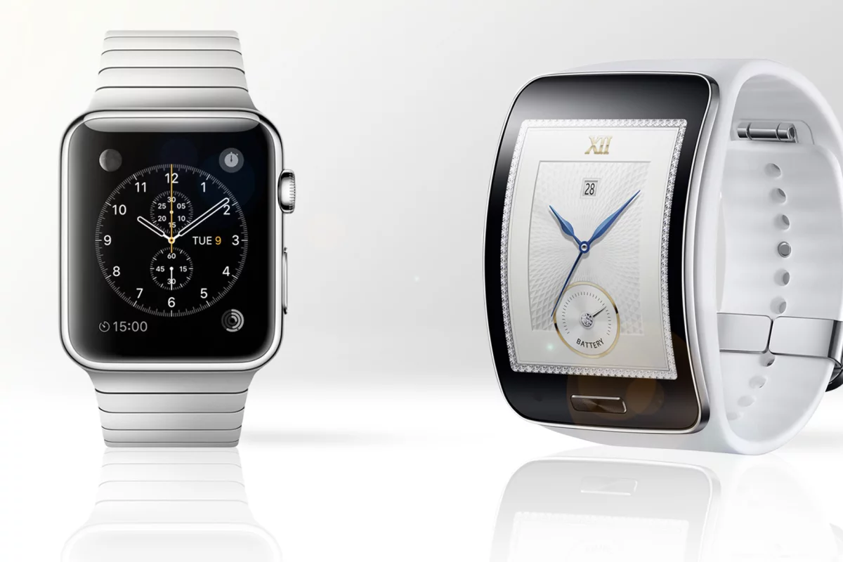 Gizmag compares the features and specs of the Apple Watch (left) and Samsung Gear S smartwatches