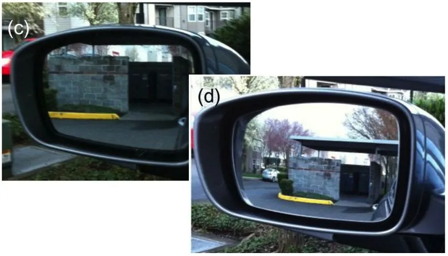 A conventional flat mirror (left) and the progressive mirror