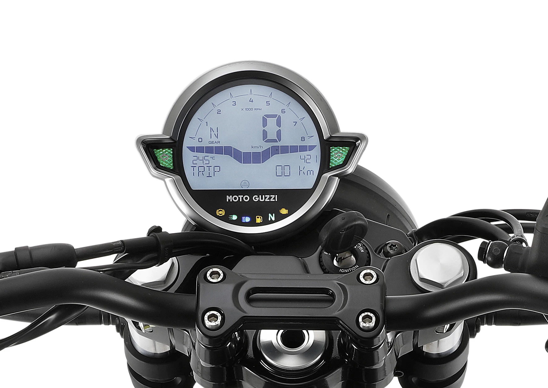 The new digital instrument panel of the 2021 Moto Guzzi V7 Stone