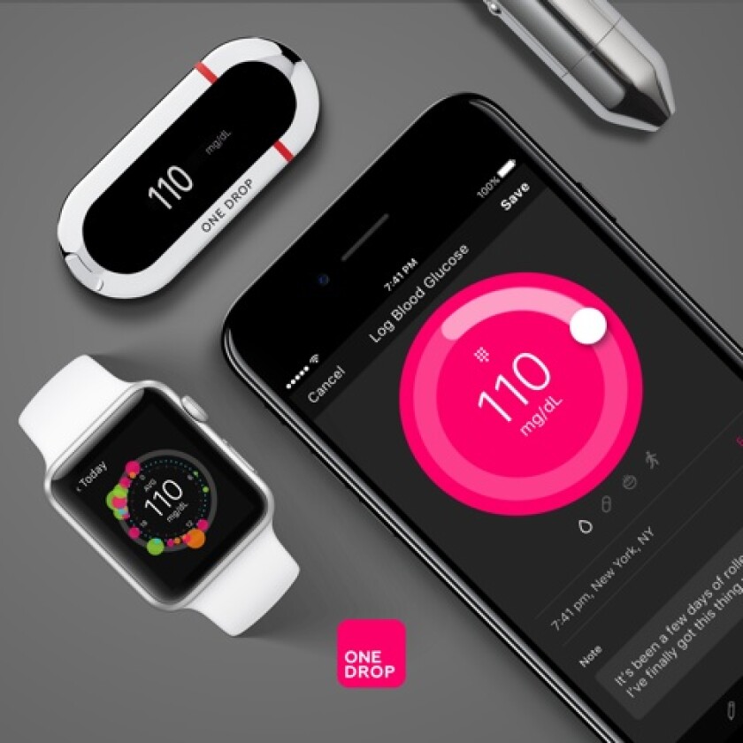 The One Drop system automatically logs a user's glucose data in the app