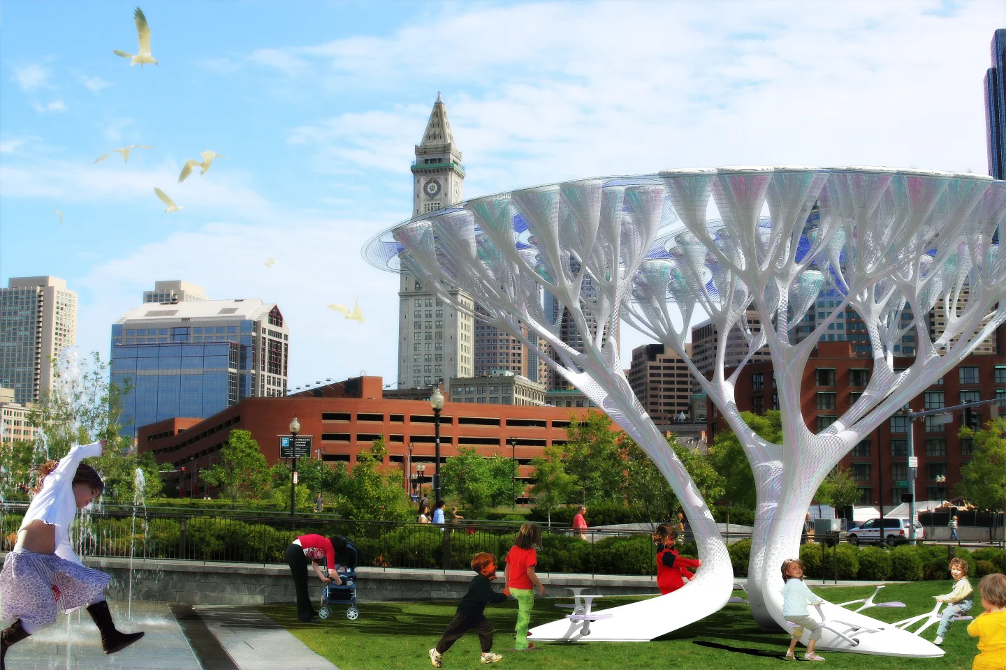 Power needed to run the air purifying process is supplied by solar panels atop the branches and by kinetic energy of the seesaws under the canopy