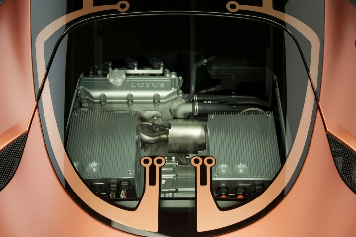 A glass engine cover puts the Lotus Evora 414E concept car's 1.2 liter, three-cylinder engine on show