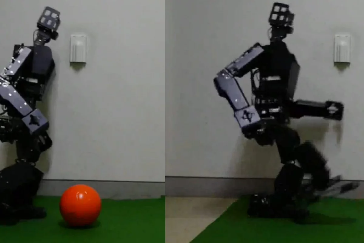 RoboBuilder's RQ-TITAN, optimized for RoboCup soccer's larger "TeenSize" division, kicks a color-coded soccer ball