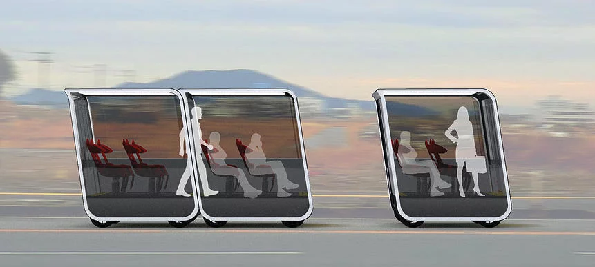 The modules connect at the ends or in the middle of a greater group while in motion