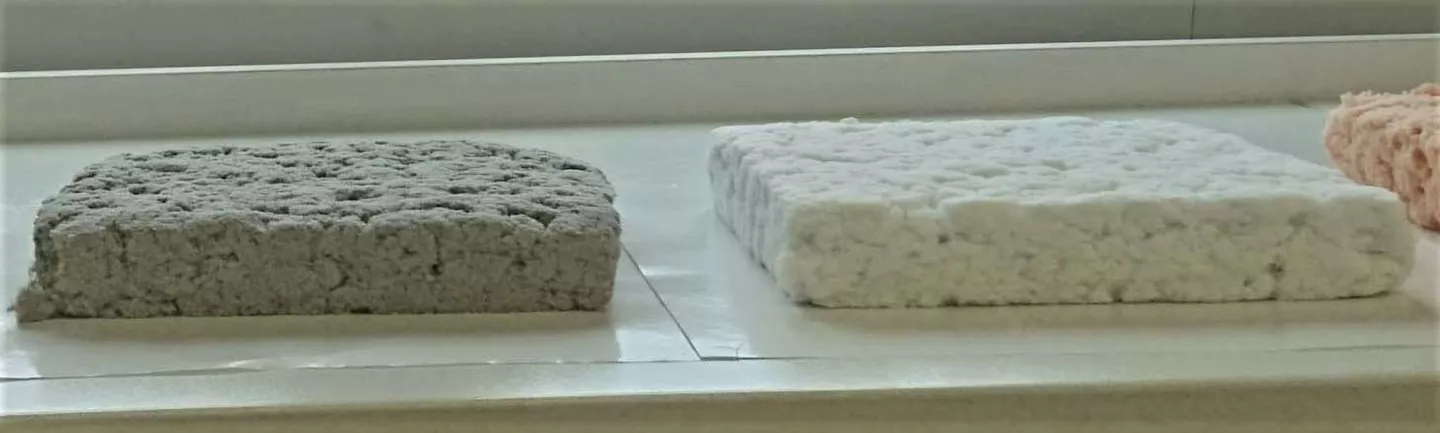 A 3-cm (1.2-in)-thick mat of the standard material made from recycled paper (left), along with an experimental mat made from virgin cellulose fibers