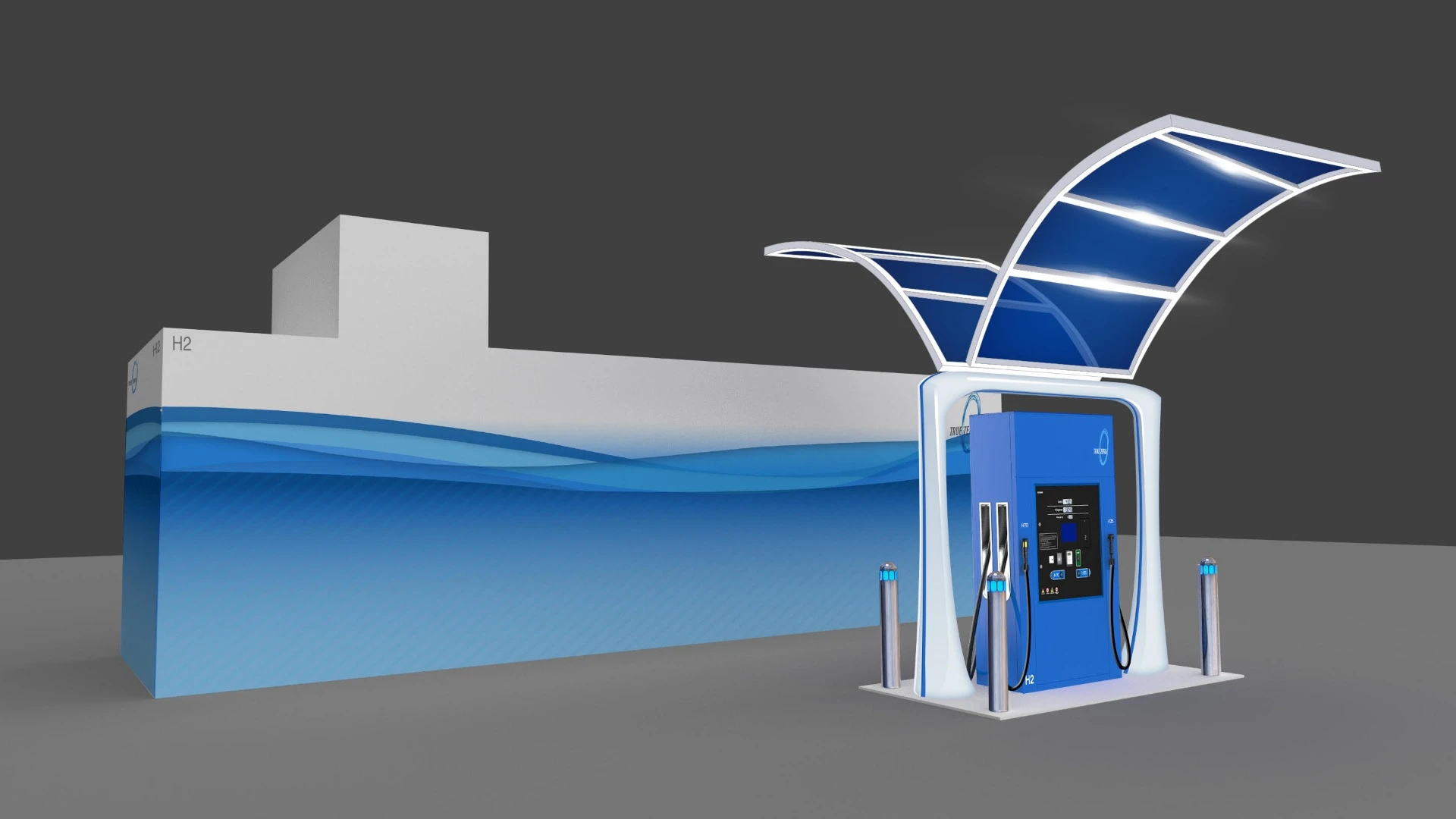 Rendering of First Element Fuel’s liquid hydrogen retail fuel pump, showing the pump and storage tank
