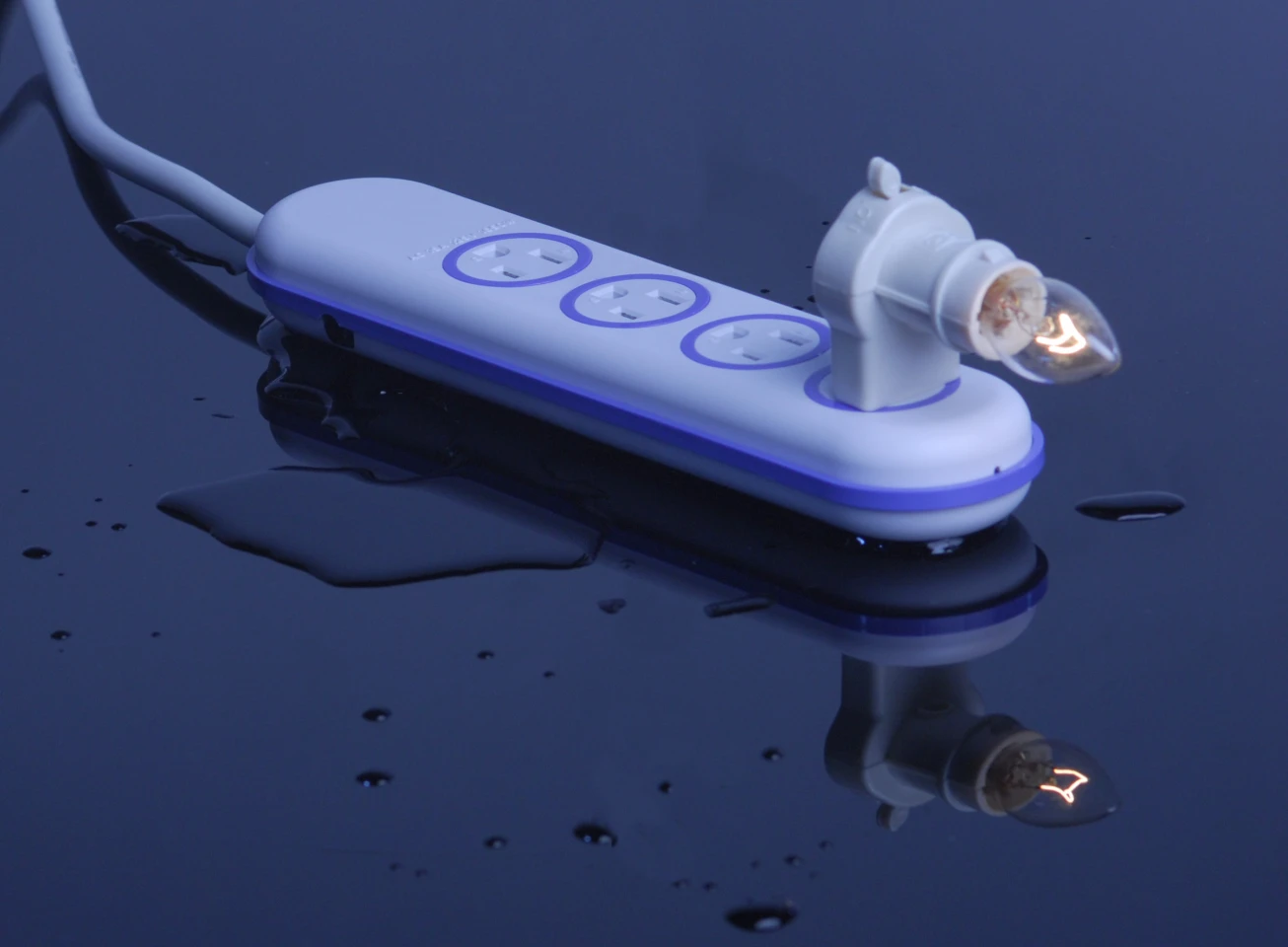 Wet Circuits water resistant power strip with overheat prevention and protection from fire hazards
