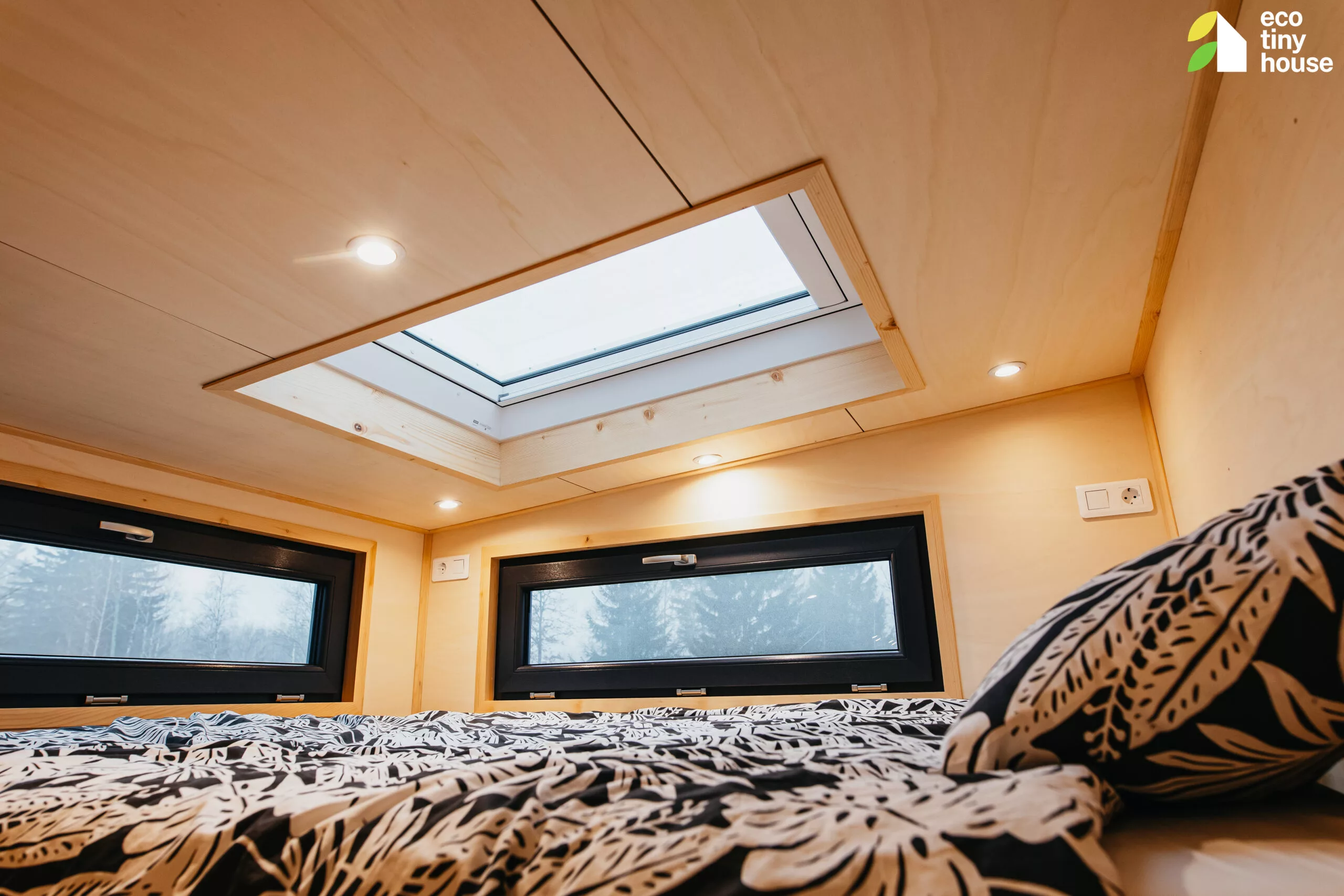 The Tiny Hogwarts' upstairs bedroom is a typical loft model with a low ceiling and a double bed