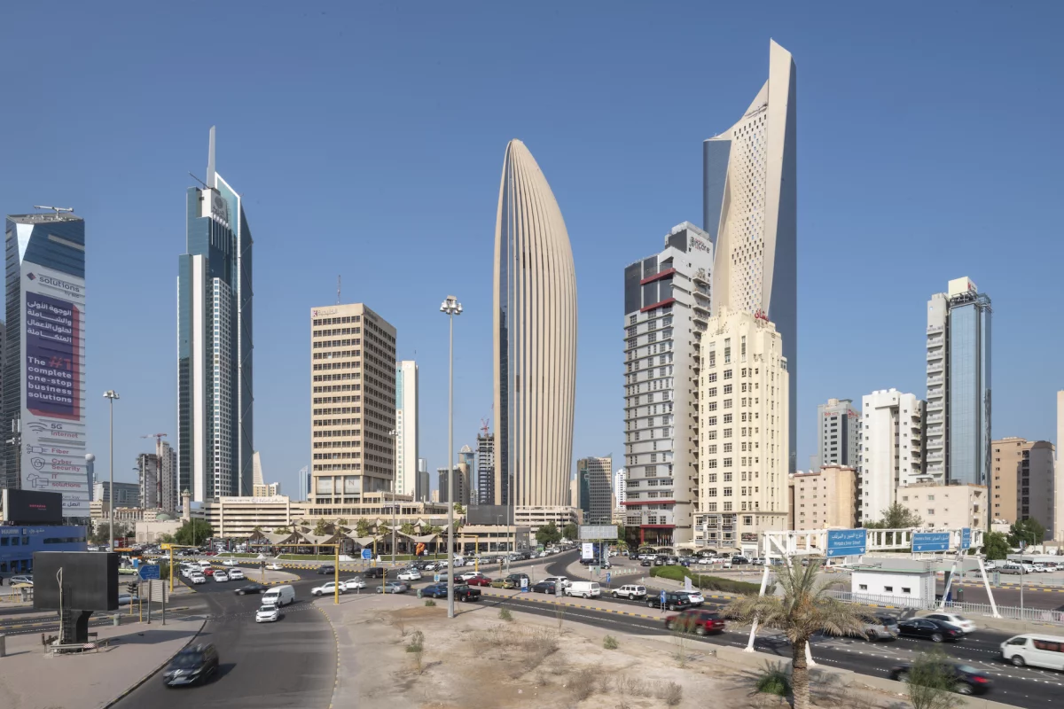 The National Bank of Kuwait Headquarters rises to a maximum height of 300 m (984 ft) in Kuwait City's burgeoning financial district Sharq