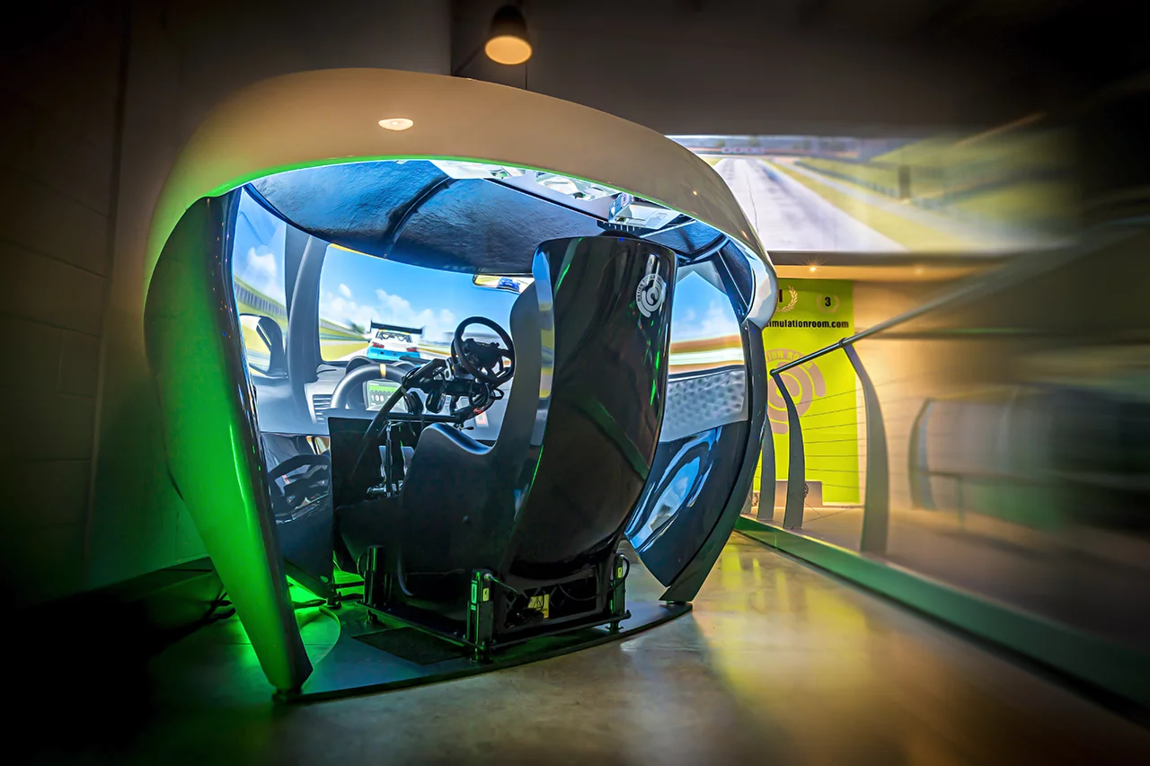 Inside one of six pods at the Motion Simulation Room