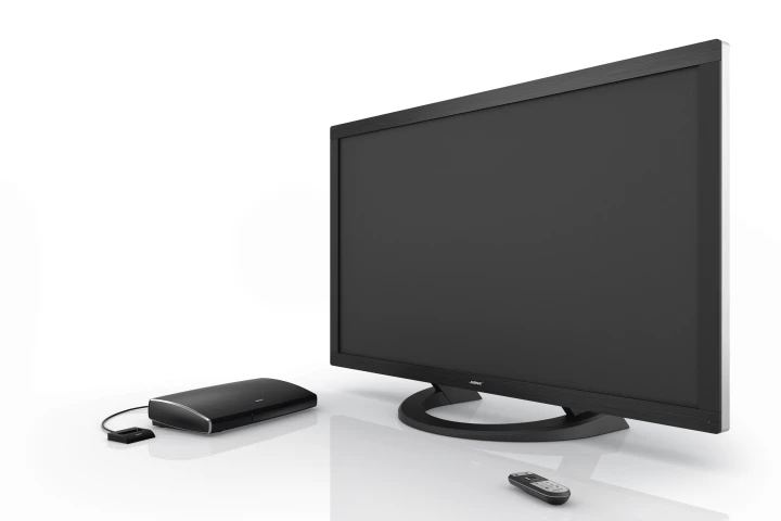 Bose's VideoWave II system comprises a HDTV with home theater speaker system on the rear, a console for connecting input devices, click pad remote and an iPod dock