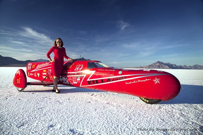 Eva Håkansson has broken a number of land speed records with her KillaJoule electric sidecar motorcycle (Photo: BonnevilleStories.com)