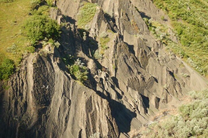 The Coliseum site from above. The once-horizontal rocks are now nearly vertical, exposing many hundreds of tracks on flatirons of resistant rock. The dimples on the rock faces are dinosaur tracks