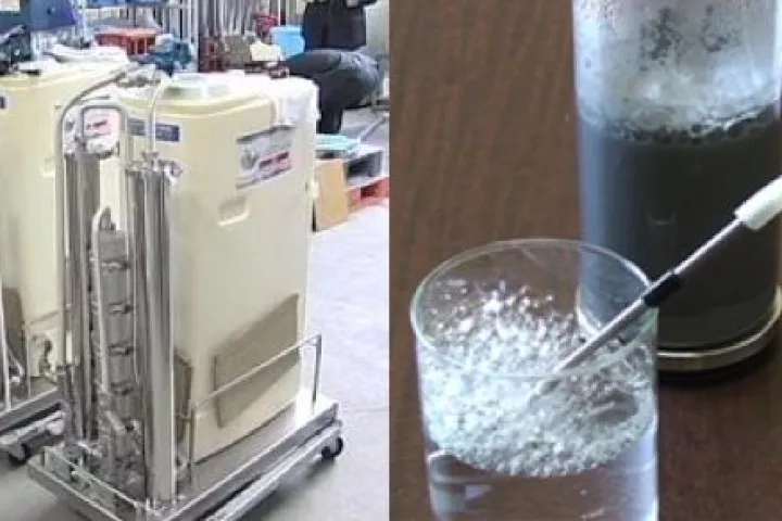 FUKAI's functional water generators (left) and a hydrogen-extraction demonstration (right)