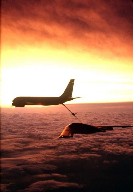 A KC-135 Stratotanker from the 22nd Air Refueling Wing refuels a B-2 Spirit from the 509th Bomb Wing. The 22nd ARW's primary mission is to provide Global Reach by conducting air refueling and airlift where and when needed.