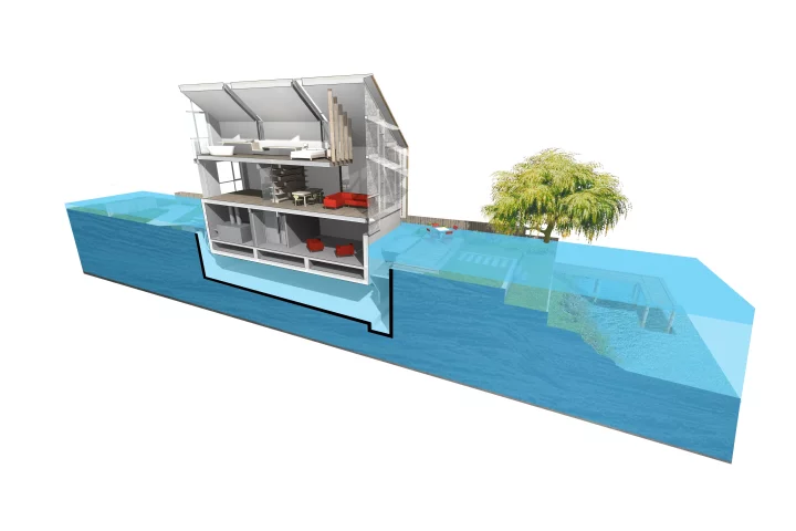 During a flood situation the entire building is designed to rise up in its dock and float there, remaining buoyed by the flood waters