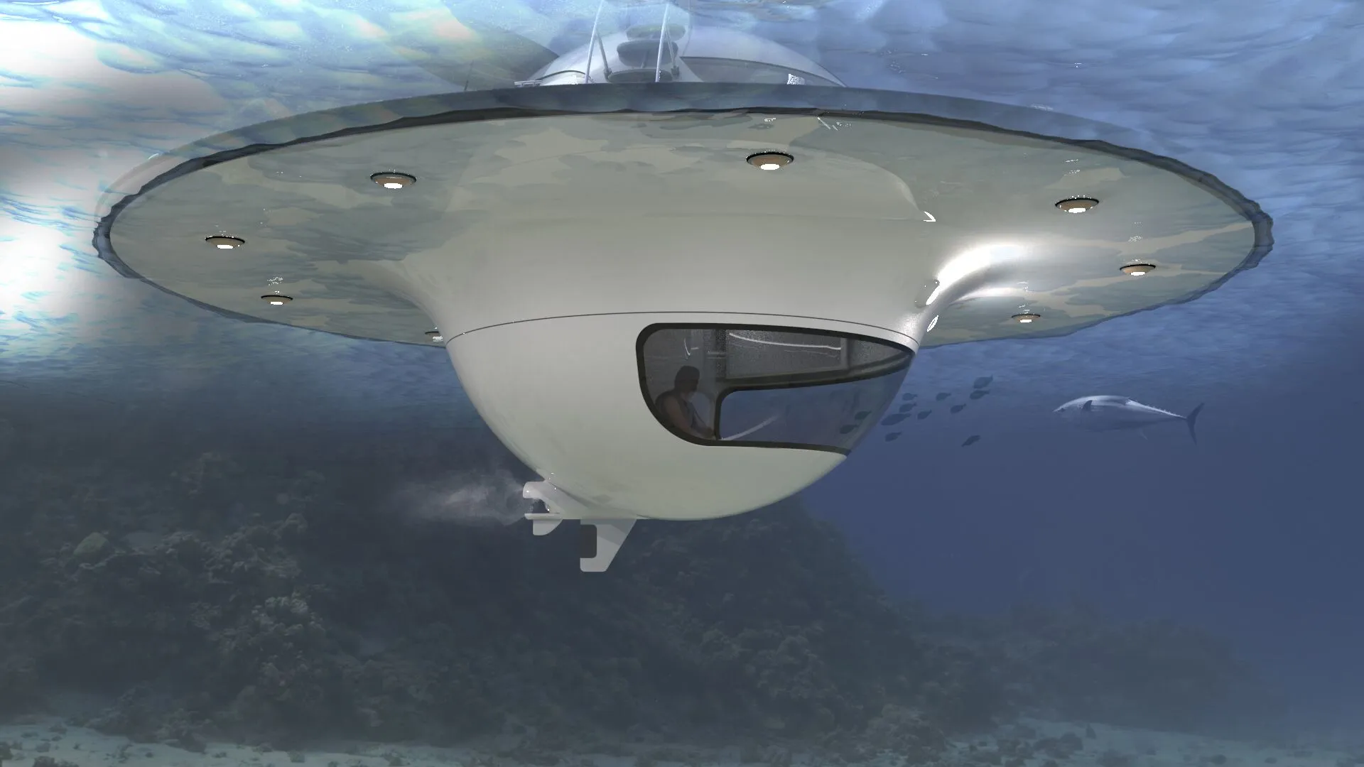 The UFO's electric motor is powered by a battery that draws its energy from the rooftop solar panels