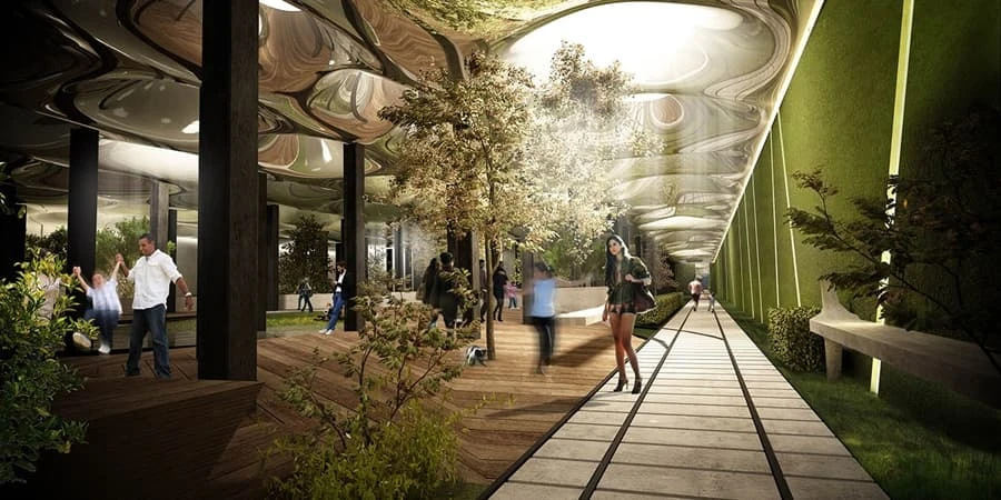 The designers have come up with a system to reflect sunlight down to the park using mirrors and fiber-optic cables