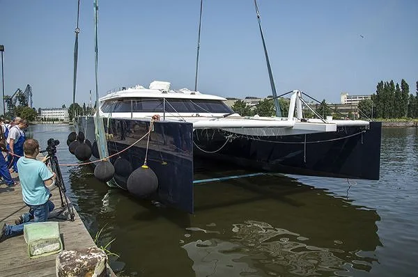 The Sunreef 80 entering the water for the first time