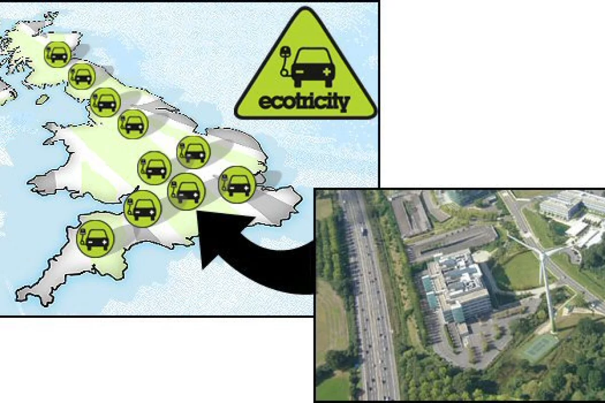 Green Energy innovator Ecotricity has unveiled plans to install a national network of electric vehicle charging points powered by renewable energy, one of which is the first in the world to get its power directly from a wind turbine