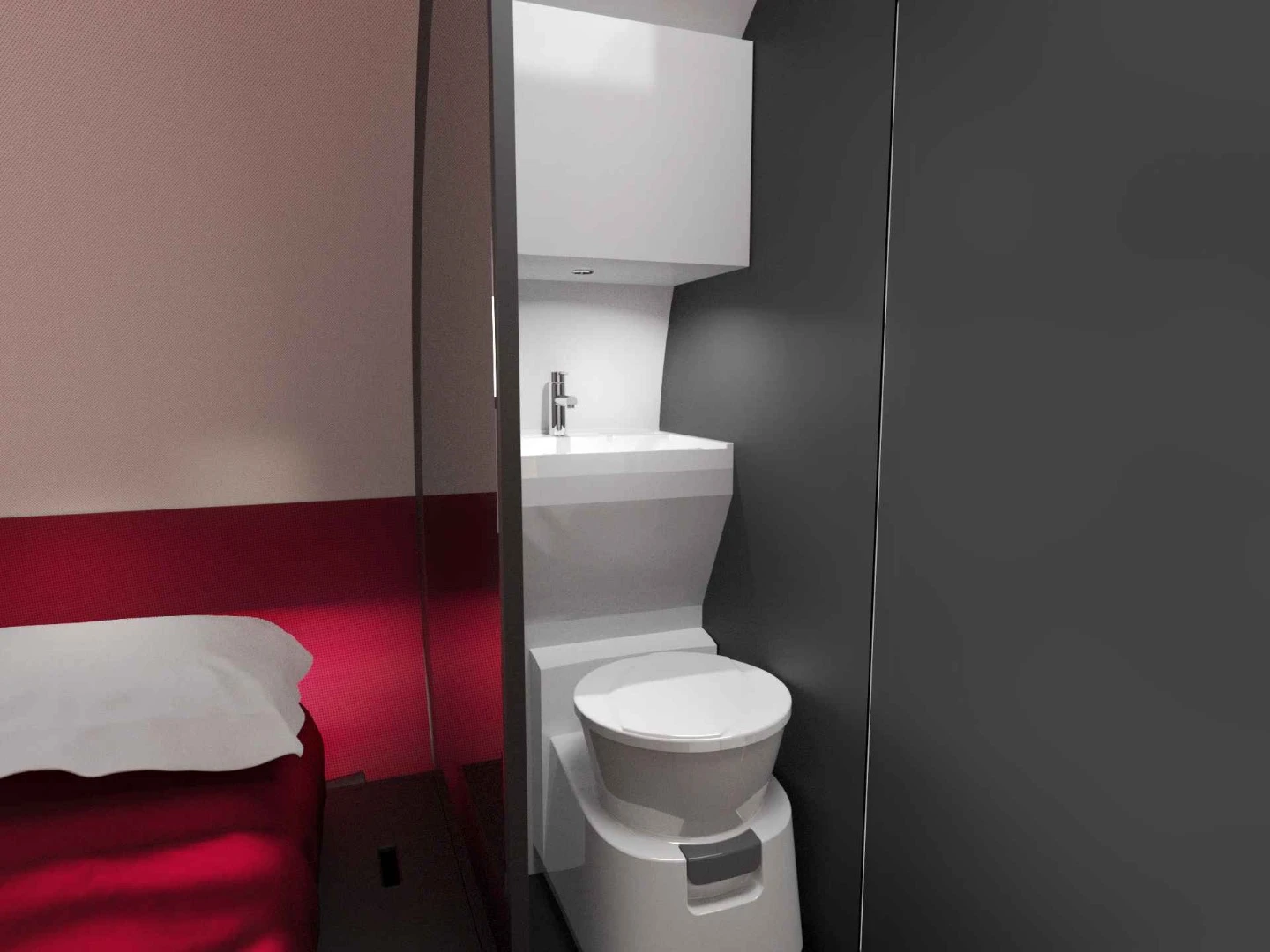 The small bathroom has a cassette toilet, sink and shower
