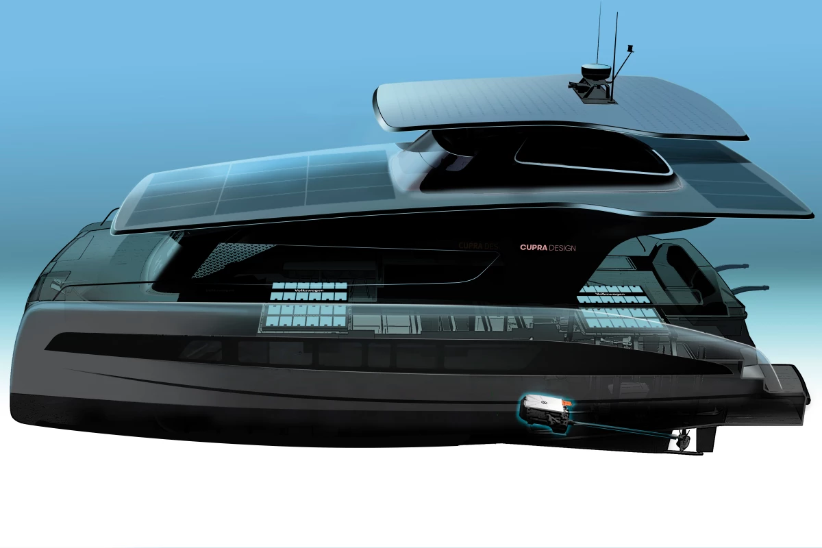 A rendering of Silent Yachts' new Cupra-designed catamaran, with Volkswagen's MEB platform highlighted at the bottom