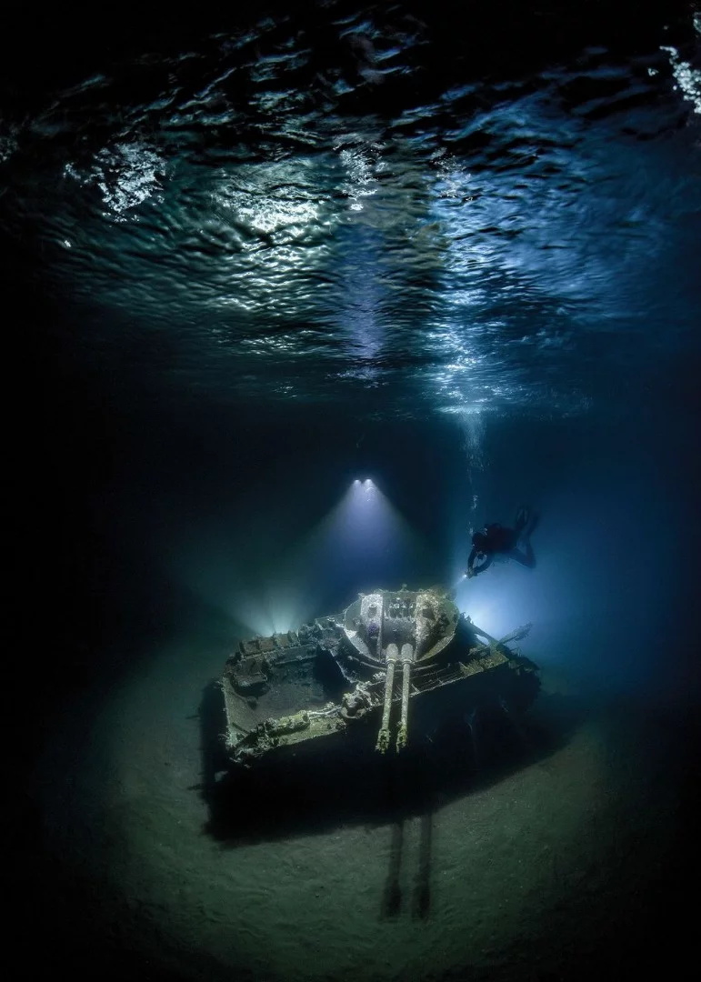 First place in the Wide Angle category, a sunken anti-aircraft tank off the coast of Jordan