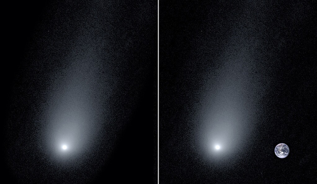 An image of interstellar comet 2I/Borisov (left) accompanied by a composite image showing the Earth for scale (right)