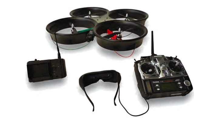 The CyberQuad kit includes the UAV, video display glasses, remote display, and a remote controller