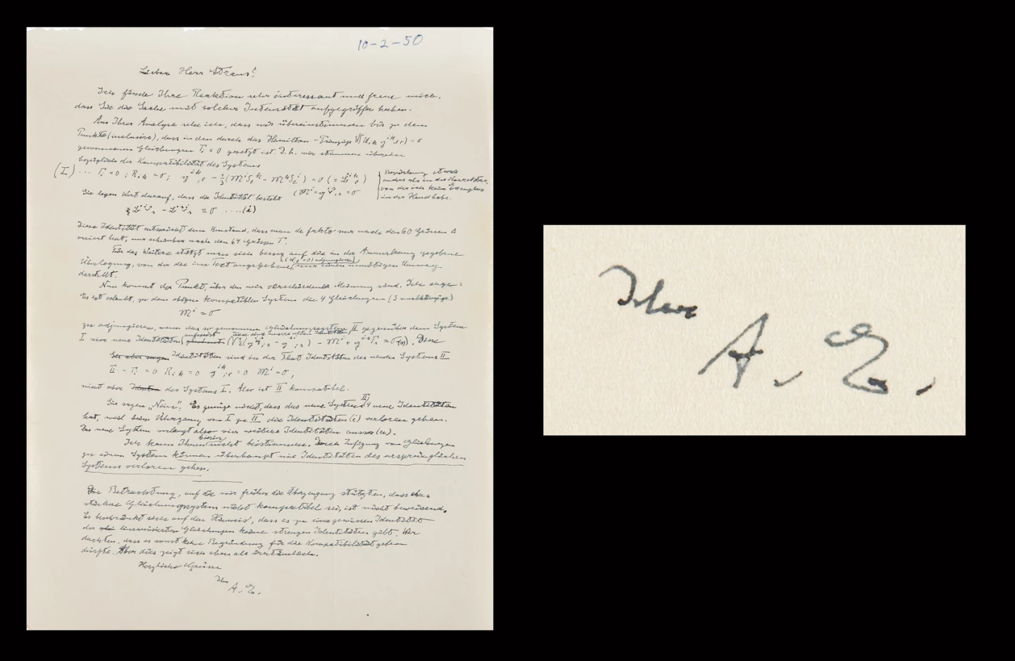 ALS in German, signed “A. E.,” (Albert Einstein) one page letter to mathematician Ernst Gabor Straus, concerning Einstein's work on the Unified Field Theory measuring 8.5 x 11 inches, dated October 2, 1950. Sold for $103,395 at RR Auction on December 9, 2020