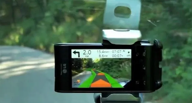 The Wikitude Drive augmented reality navigation app overlays directional markers on real-time video of the road in front of you