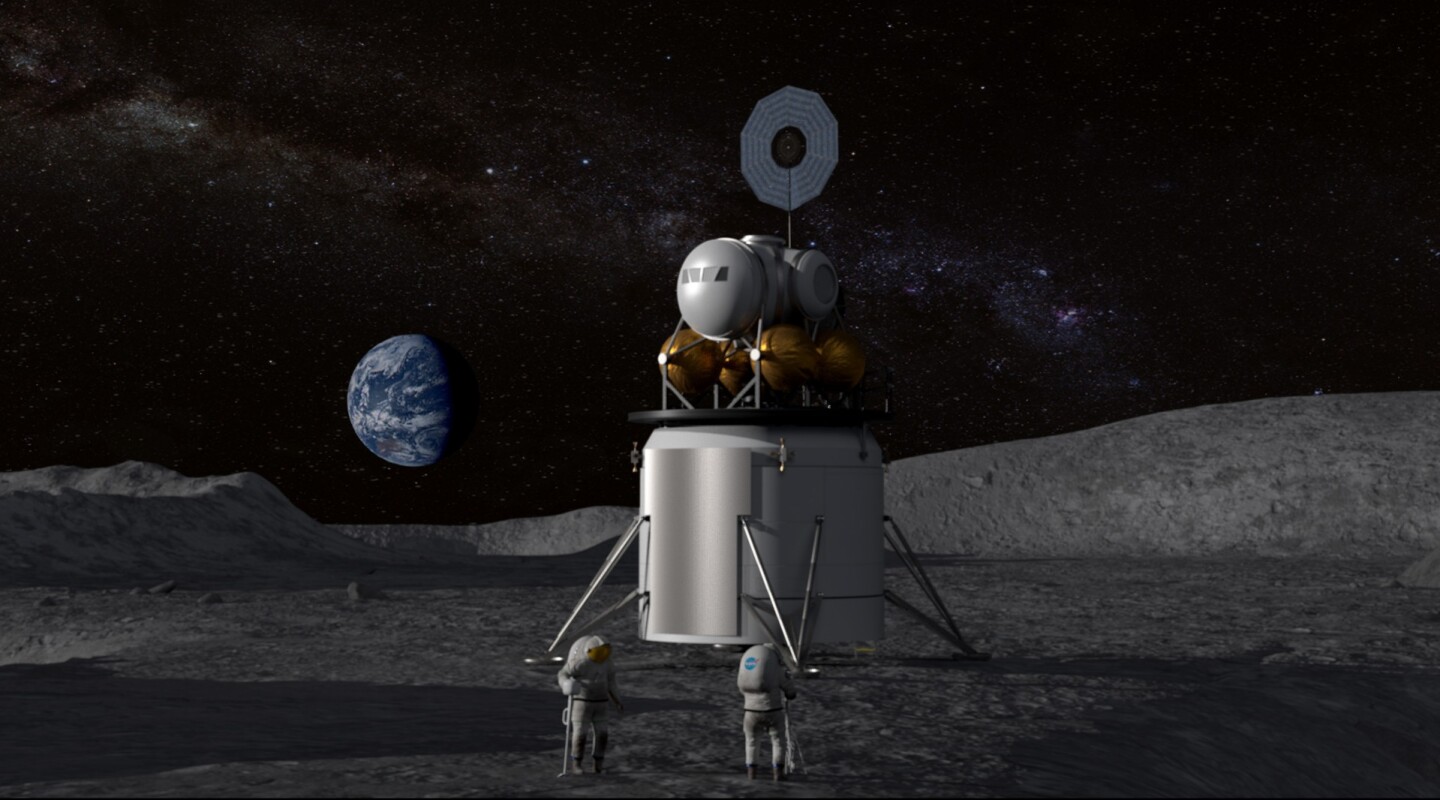 Illustration of a human landing system and crew on the lunar surface with Earth on the horizon
