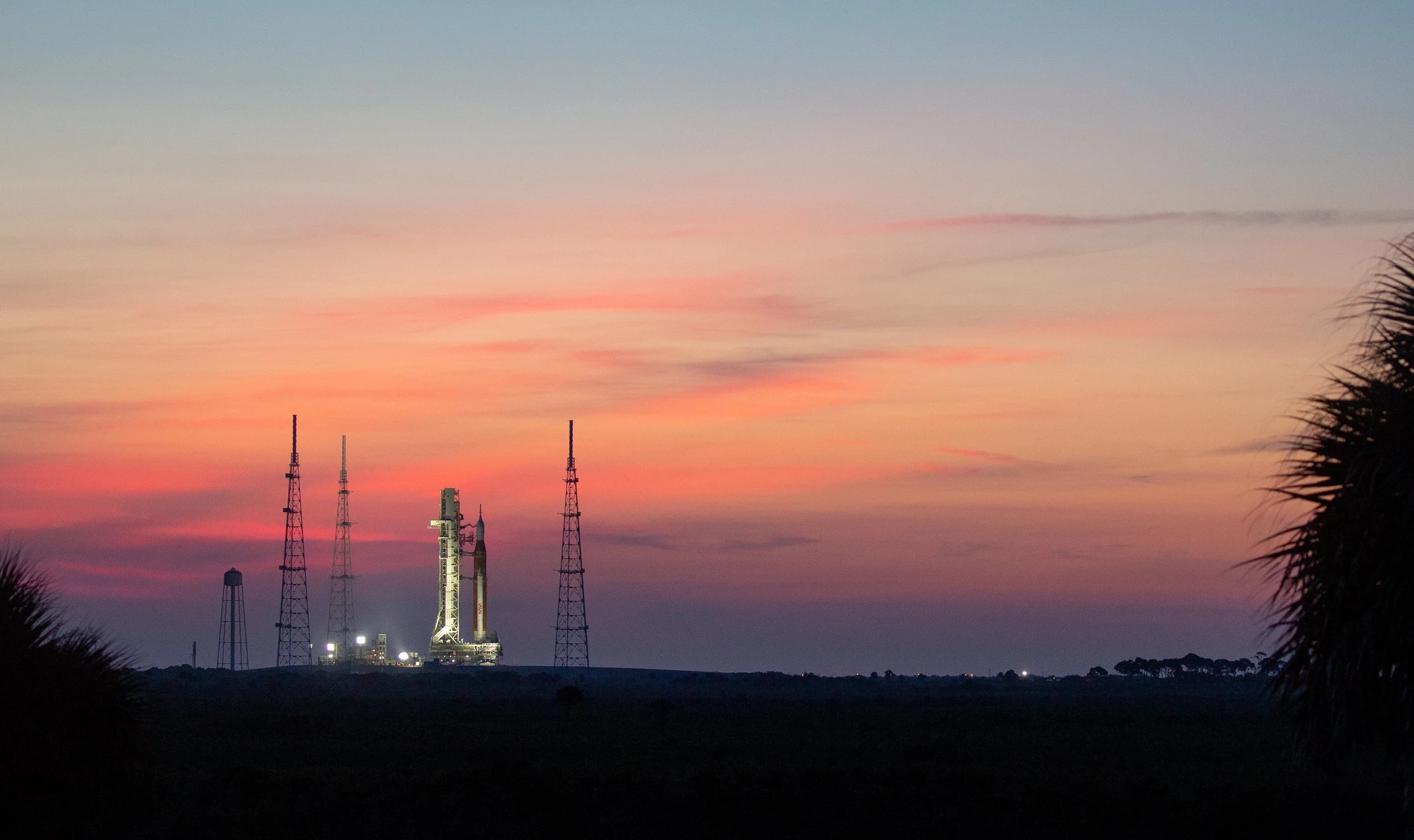 NASA's SLS on the launchpad at sunrise