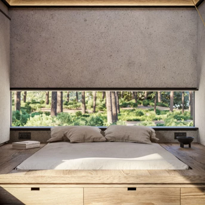 The master bedroom corner is surrounded by natural night and features a cathedral-high overhead skylight