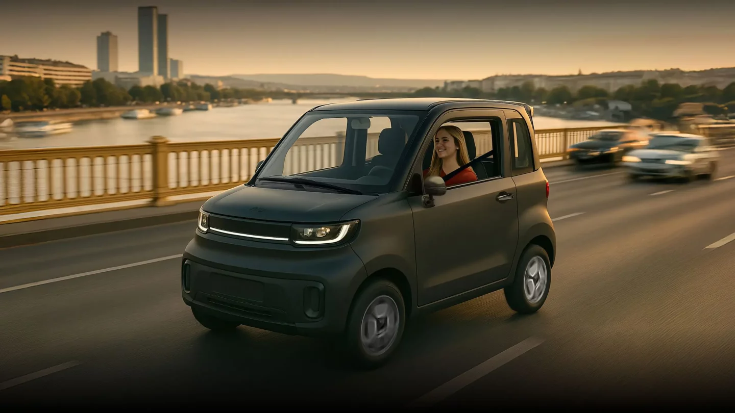 The NIUMM micro-EV can zip to 45 km/h and has a range of up to 70 km in the standard dual-battery configuration, but the vehicle can be optioned with a total of four removable batteries