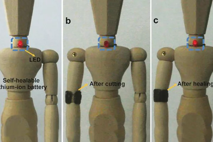 The researchers say that when their battery is broken, it can be repaired simply by pressing each of the broken ends together