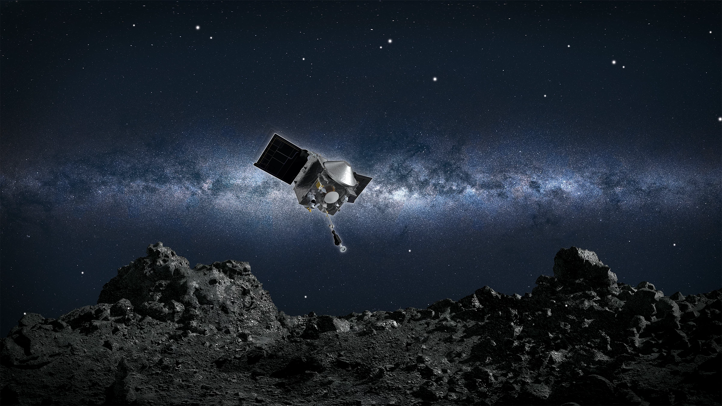 Artist's concept of OSIRIS-REx approaching Bennu for Touch-And-Go (TAG) maneuver
